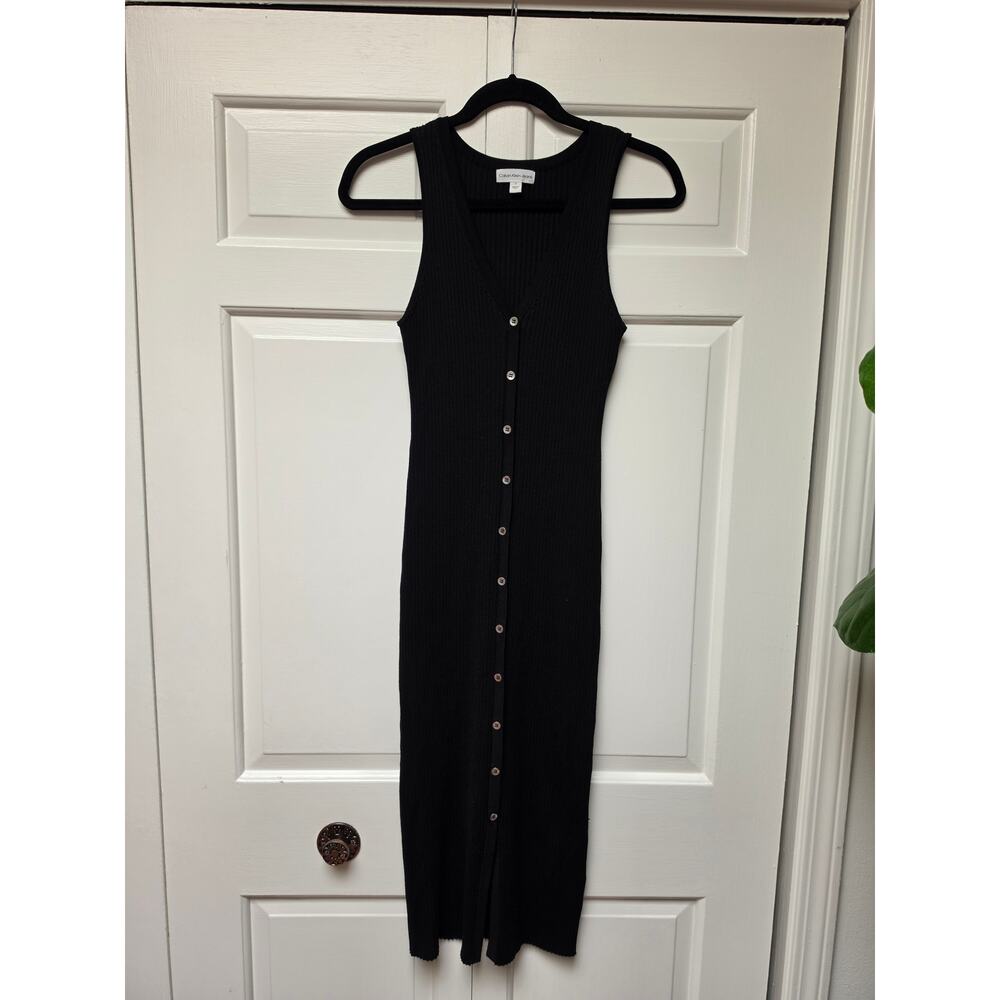 Calvin Klein Black Ribbed Midi Dress Medium Sleeveless V-Neck Bodycon - Picture 3 of 9